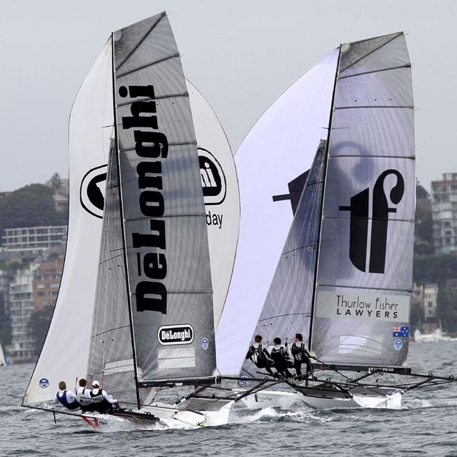 Thurlow Fisher Lawyers and De'Longhi race for fourth place on the spinnaker run - 2015 NSW 18ft Skiff Championship © Frank Quealey /Australian 18 Footers League http://www.18footers.com.au